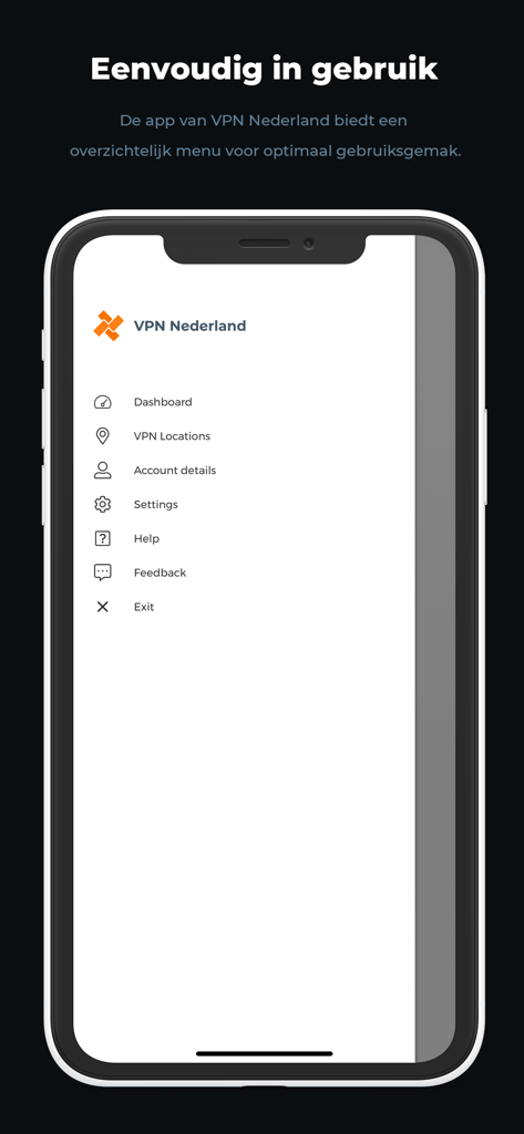 クリーンなユーザーインターフェースが表示されたiPhone上のVPN Nederlandモバイルアプリナビゲーションメニュー。