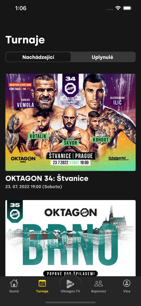Interface do aplicativo móvel OKTAGON MMA mostrando uma lista de torneios de luta futuros e passados com pôsteres de eventos