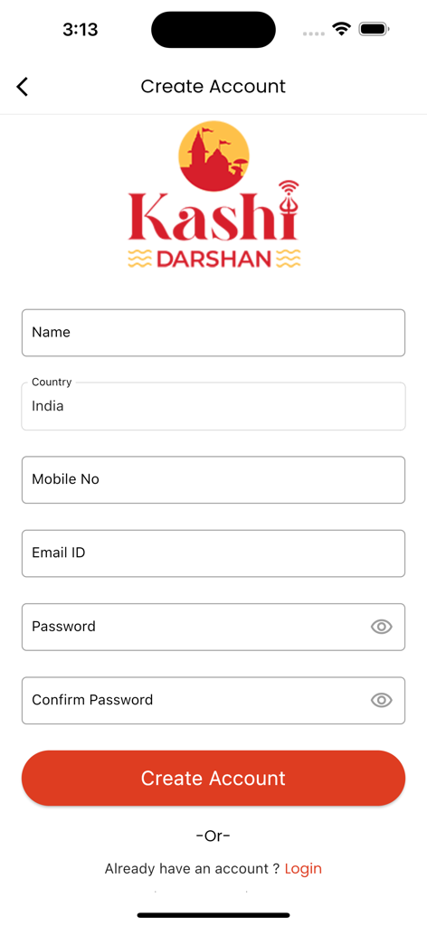 Kashi Darshan - Registration screen for the Kashi Darshan mobile app showing the account creation form