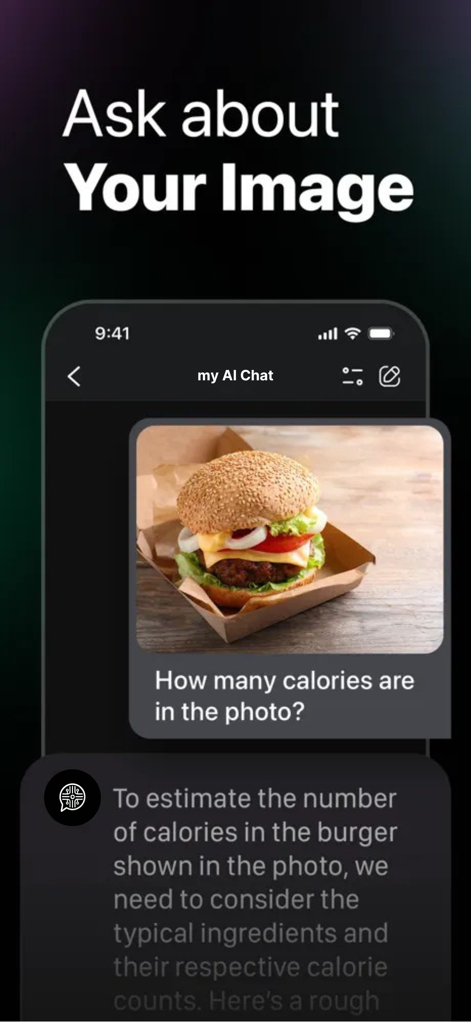 myAIChat - Chat Bot Assistant - A smartphone screen displaying the myAIChat app where a user asks about calories in a photo of a burger using the photo analyzer feature.