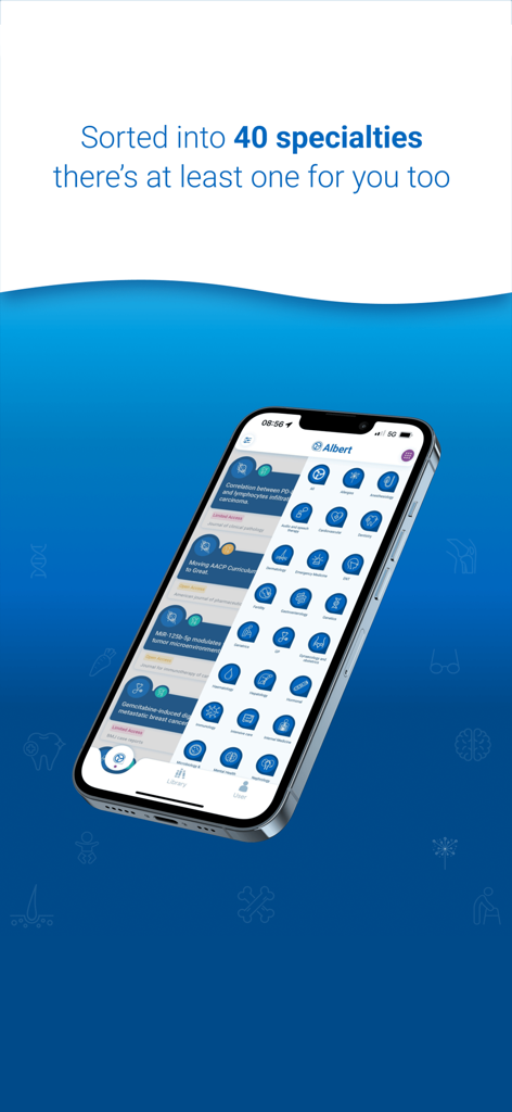 Docintel - A smartphone showing the Docintel app interface with a selection menu for forty different medical specialties.