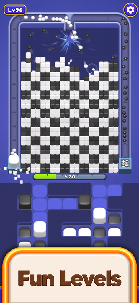 Bounce Blast 3D - Bounce Blast 3D gameplay showing balls bouncing and crashing into a grid of black and white blocks on level 96