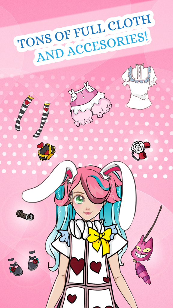 Alice Princess Games 2 - Dress Up Games for Girls - An anime style girl character surrounded by various clothing items and accessories in a dress up game