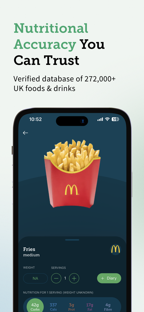 Carbs & Cals: Diet & Diabetes - A mobile screen from the Carbs and Cals app displaying the nutritional data for McDonald's fries.