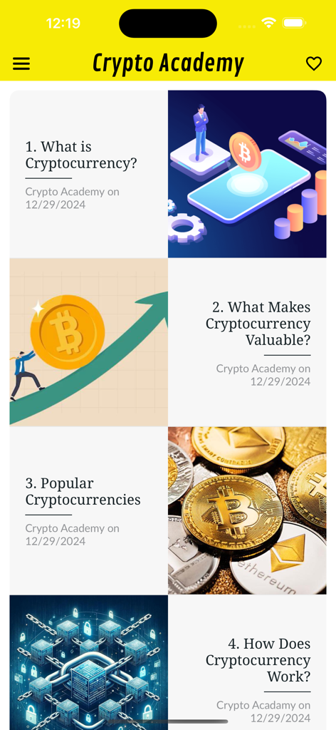 Una pantalla móvil de la aplicación Crypto Academy que muestra una lista de lecciones sobre los fundamentos de las criptomonedas y la tecnología blockchain.