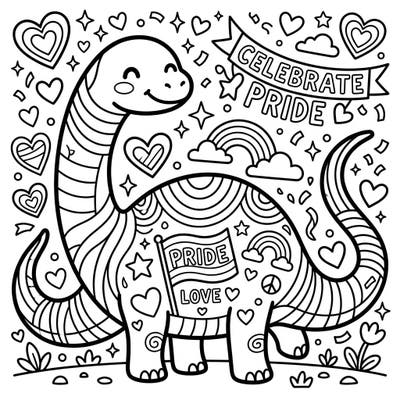 Dive into a world of cuteness and celebration with this Kawaii Diplodocus coloring page, specially designed for Pride Month. Featuring adorable hearts, stars, and rainbows, it's a delightful way to express creativity and support.