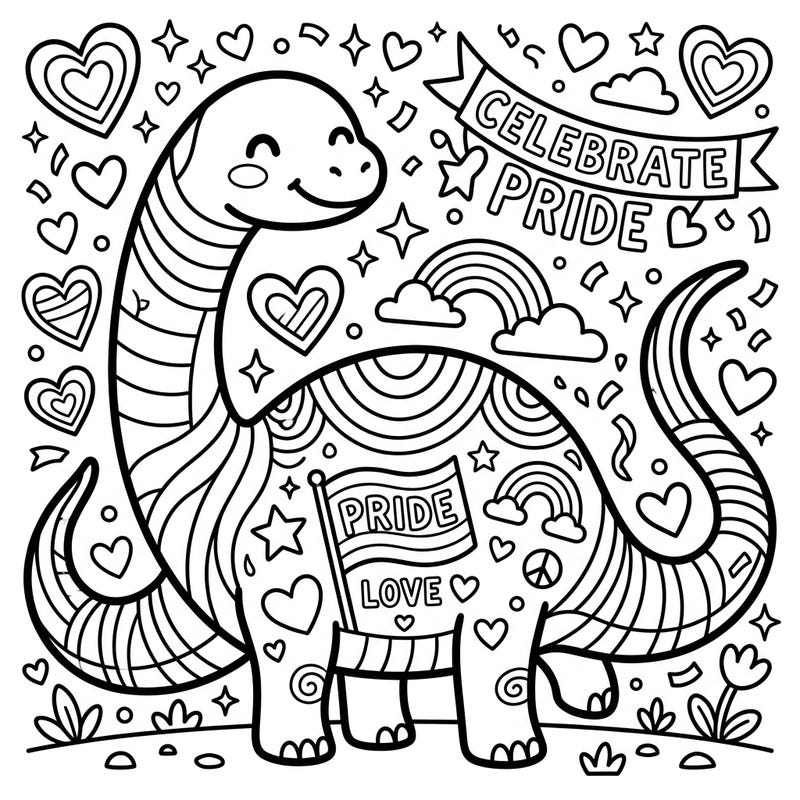 Dive into a world of cuteness and celebration with this Kawaii Diplodocus coloring page, specially designed for Pride Month. Featuring adorable hearts, stars, and rainbows, it's a delightful way to express creativity and support.