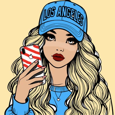 realistic beautiful girl wearing los ángeles cap holding an iphone
