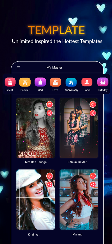 MV Master Video Maker - MV Master app interface displaying various video editing templates for categories like Love Anniversary and Birthday