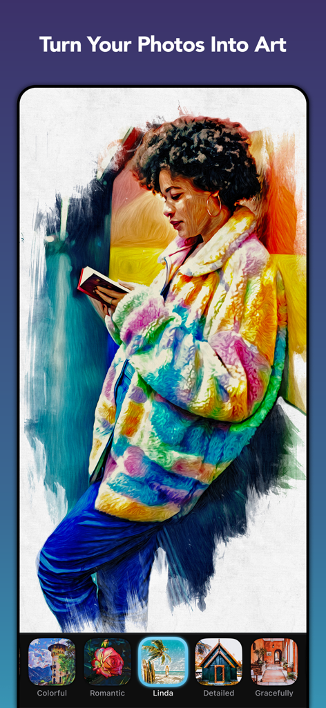 BeCasso: Photo to Painting App - Ein Porträt einer Frau, das mit künstlerischen BeCasso-Filtern in ein lebendiges Gemälde verwandelt wurde.