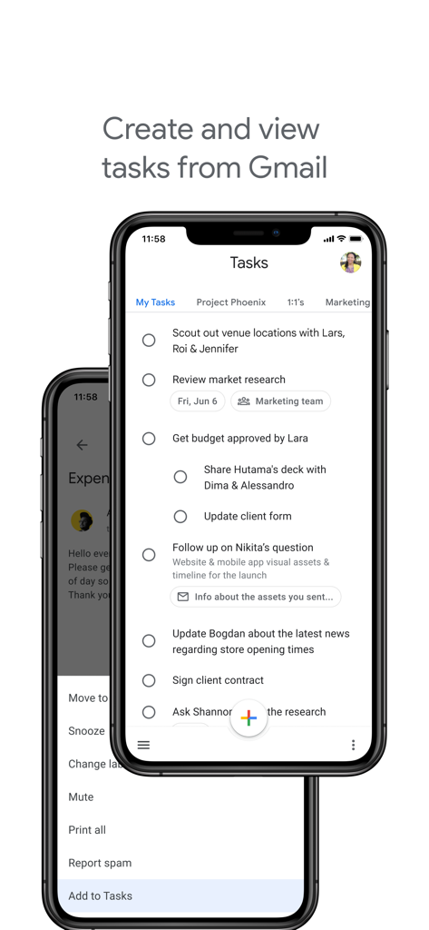 Google Tasks mobile app showing Gmail integration and task lists