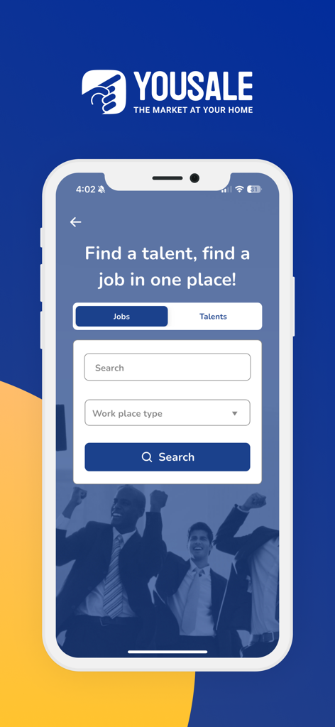 YouSale يوسيل - YouSale app job and talent search screen showing search bar and workplace type filters