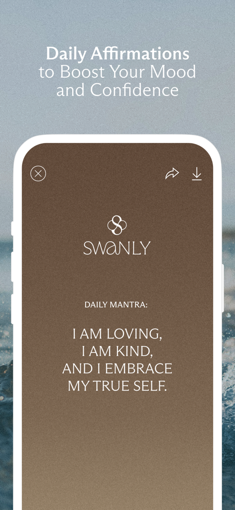 Swanly: Stretch & Mindfulness - Pantalla de afirmaciones diarias de la aplicación Swanly con un mantra de amor propio.