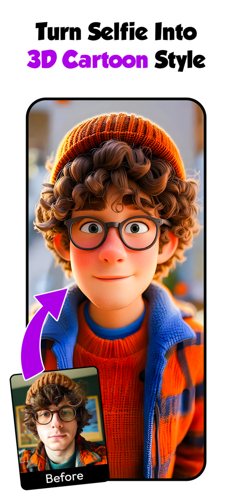 ToonAI app interface showing a real selfie transformed into a 3D cartoon character