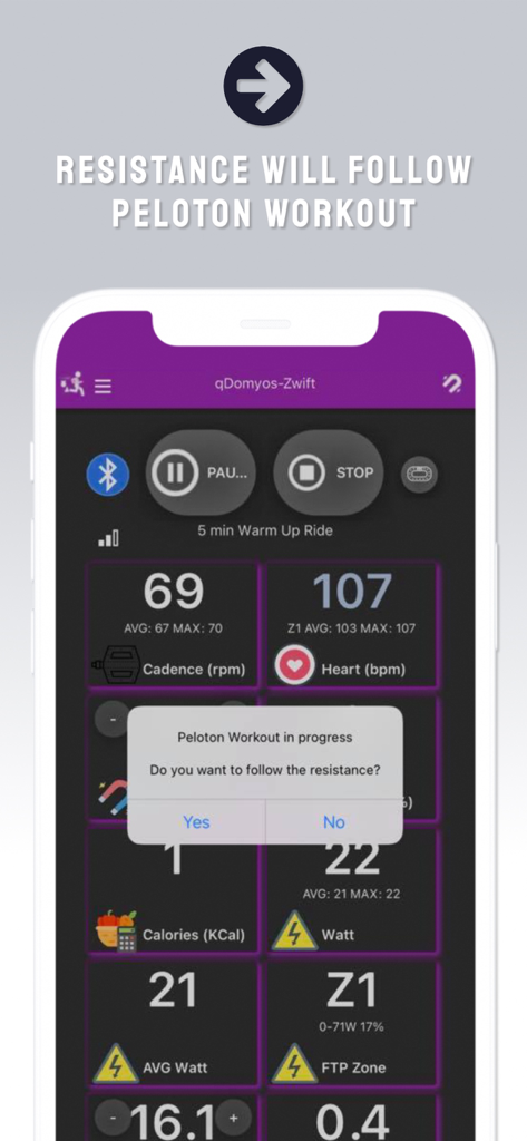 QZ app interface showing fitness metrics and a prompt to sync resistance with a Peloton workout