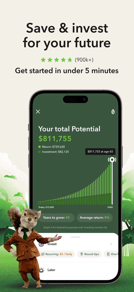 Acorns: Invest For Your Future - Acorns 앱 화면에 80만 달러 이상의 예상 투자 성장 차트가 표시됨