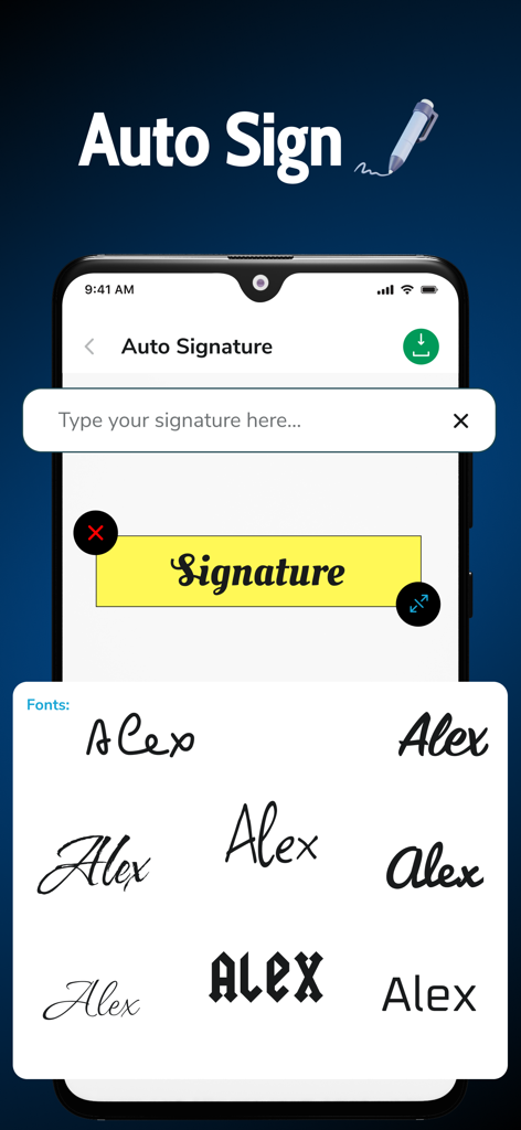 Signature Maker Sign Documents - Signature Maker 앱의 자동 서명 기능으로 다양한 전문 글꼴 스타일 표시