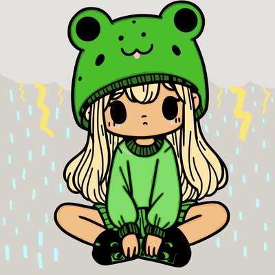 a girl wearing a frog hat and some frog socks