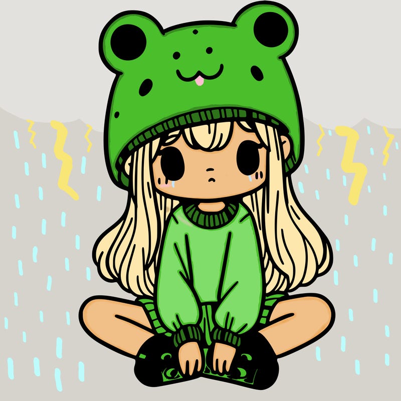 a girl wearing a frog hat and some frog socks