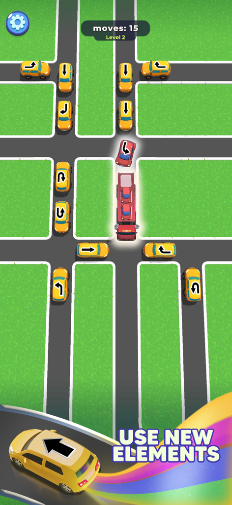 Traffic Escape! - Una captura de pantalla del juego de Traffic Escape que muestra una vista cenital de coches en una intersección con flechas que indican la dirección de su movimiento.
