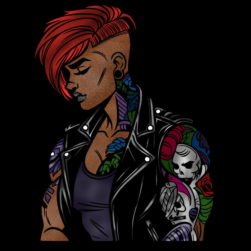 muscle woman with undercut fade and heavily covered in tattoos. wearing a leather jacket