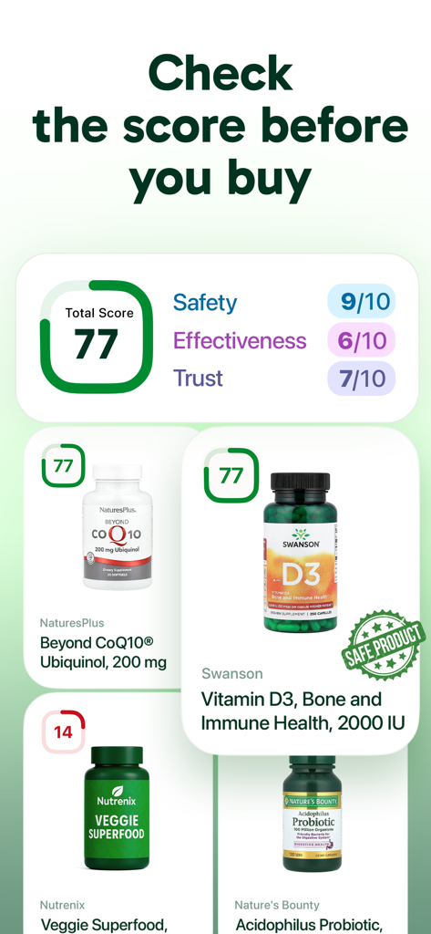 InSup app interface showing supplement safety and effectiveness scores
