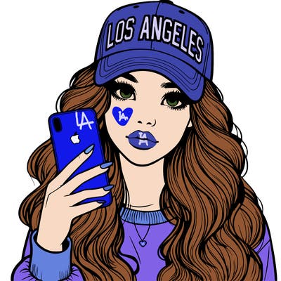 realistic beautiful girl wearing los ángeles cap holding an iphone