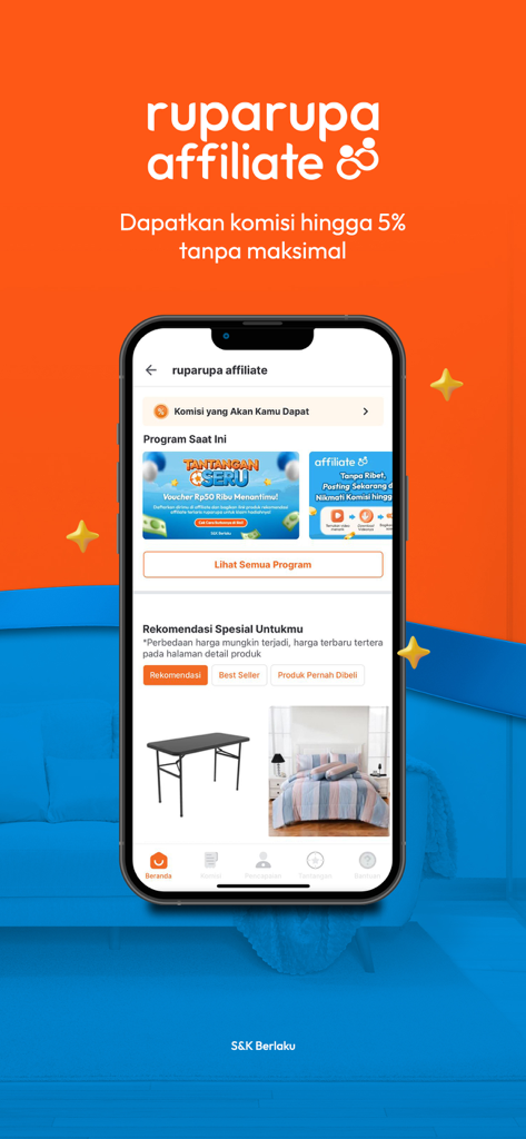 The ruparupa affiliate program interface on a smartphone showing commission options and home products.