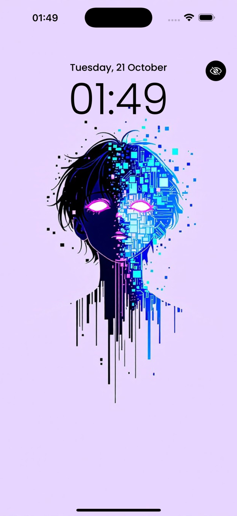 Anime Live Wallpaper 4K! - An aesthetic anime character with glowing eyes and digital pixel effects on an iPhone lock screen