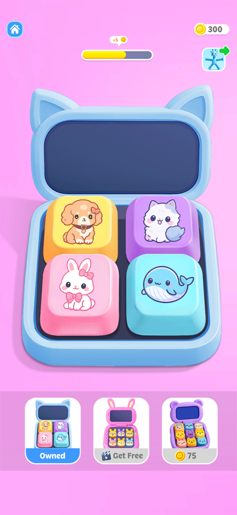 Minilax: Antistress Games - Kawaii animal buttons on a blue cat-shaped digital fidget toy from the Minilax app