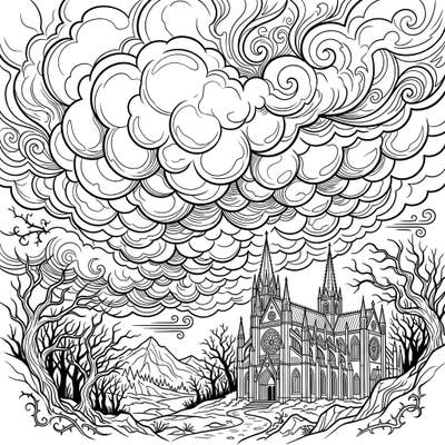 Explore a dramatic gothic scene featuring an imposing cathedral beneath a sky of unique mammatus clouds. This intricate coloring page invites you into a world of mysterious beauty.