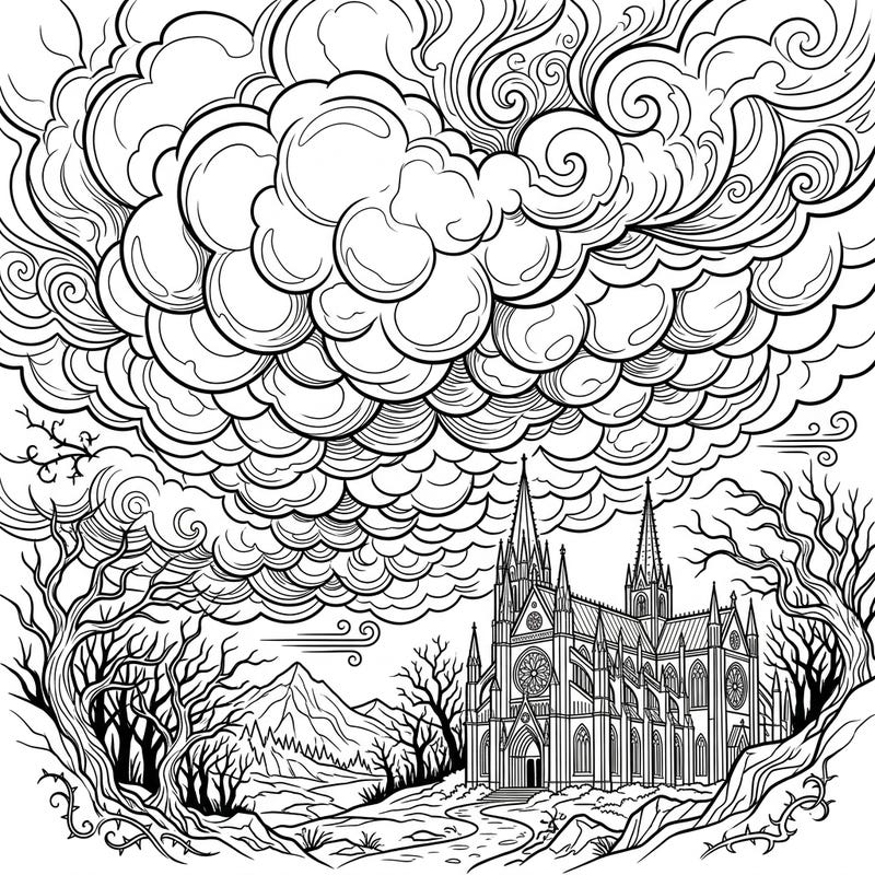 Explore a dramatic gothic scene featuring an imposing cathedral beneath a sky of unique mammatus clouds. This intricate coloring page invites you into a world of mysterious beauty.