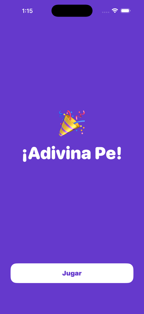 Adivina Pe - Startbildschirm von Adivina Pe mit violettem Hintergrund, Konfetti-Icon und Play-Button