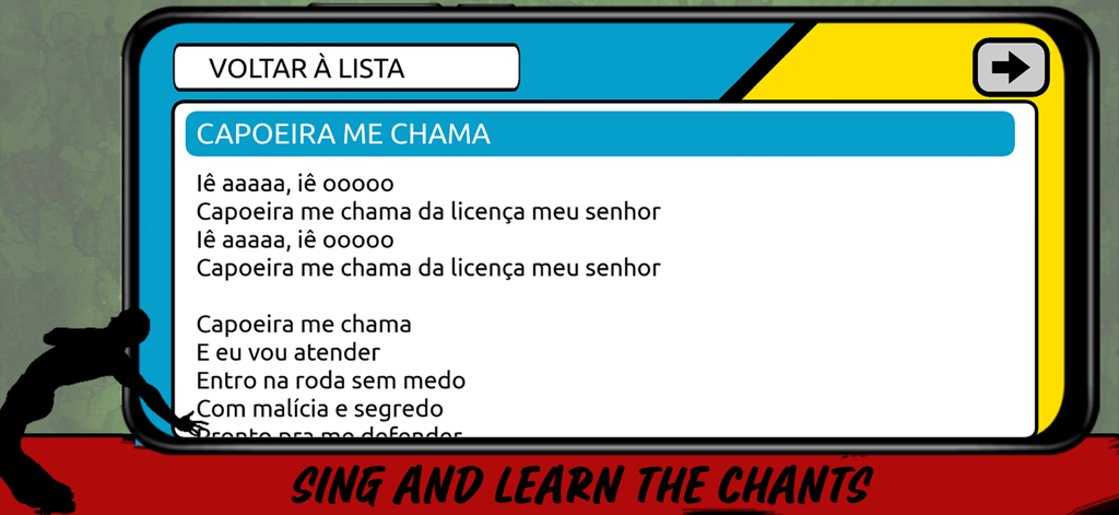Smartphone screen showing Capoeira song lyrics in Portuguese to sing and learn
