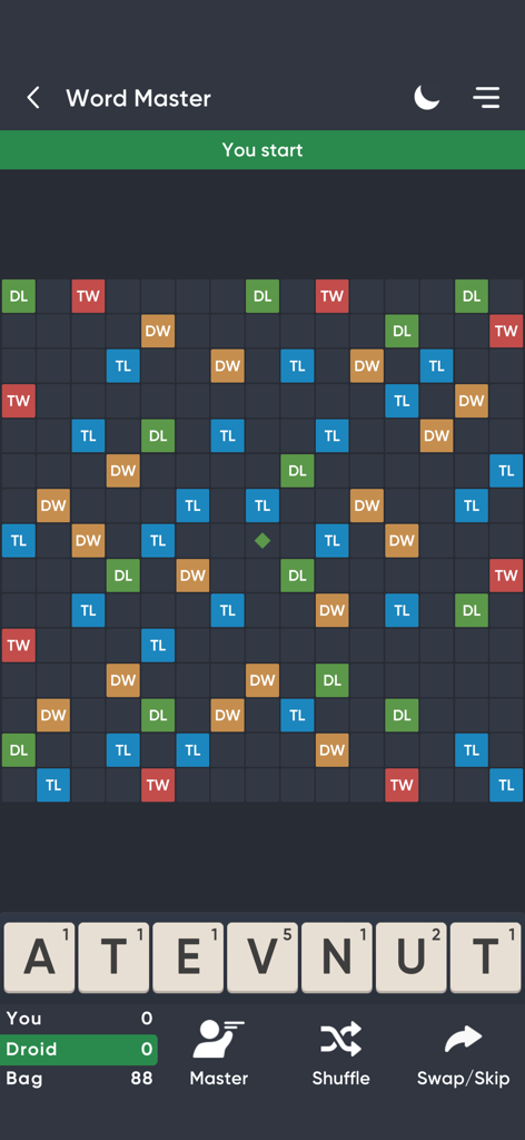 Word Master Pro mobile game board with letter tiles and player rack