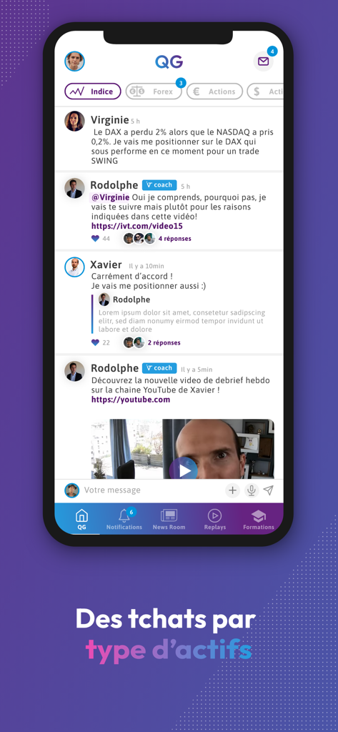 Screenshot der Interactiv Trading App, der einen Community-Chat-Feed für verschiedene Anlageklassen zeigt.