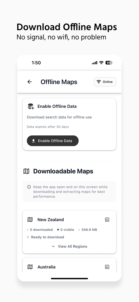 CamperMate Australia & NZ - CamperMateアプリの画面。オーストラリアとニュージーランドのロードトリップ用のオフラインマップダウンロードオプションを表示しています。