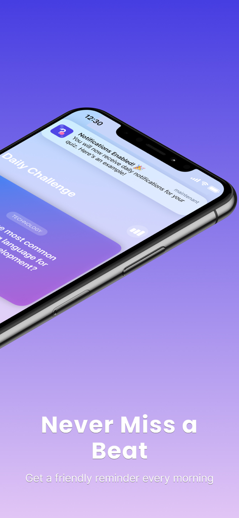 The Daily Question - Smartphone screen showing a notification for a daily trivia challenge with the text Never Miss a Beat