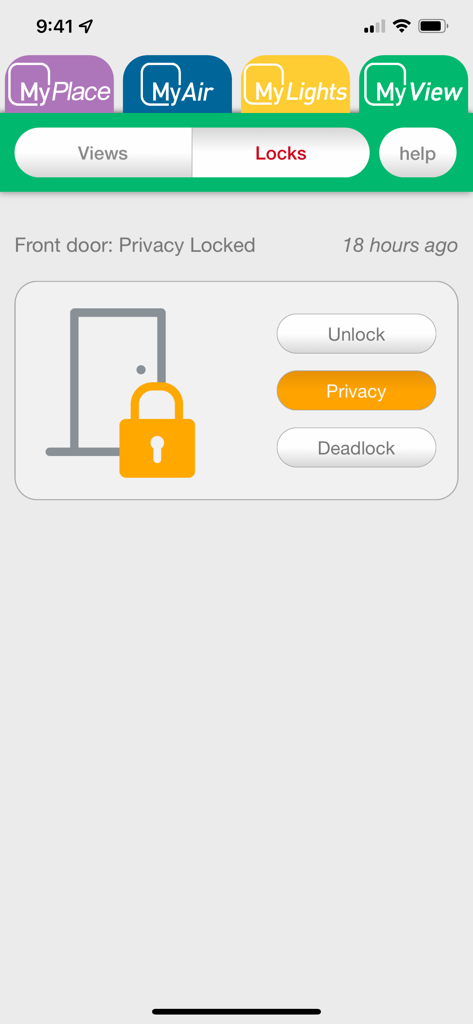 Interface of the MyPlace app showing smart lock options for a front door