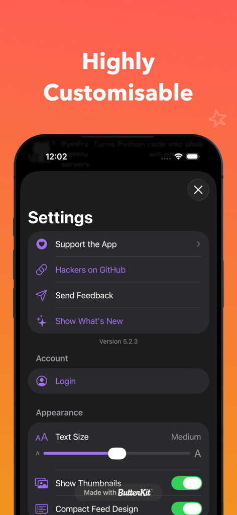 Hackers for Hacker News - Écran des paramètres de l'application Hackers for Hacker News montrant des options d'apparence personnalisables