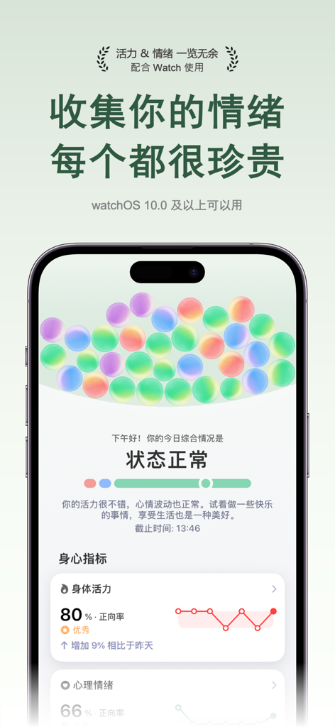 AMood app dashboard displaying colorful mood bubbles and body vitality status metrics.