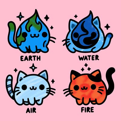 4 cats that represent the different elements, earth, water, air, and fire