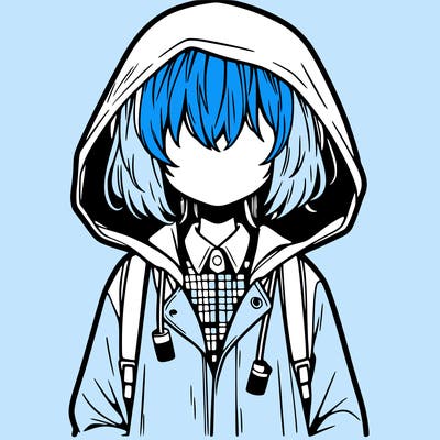 little anime girl in a raincoat her hair is covering her eyes she has a lighter