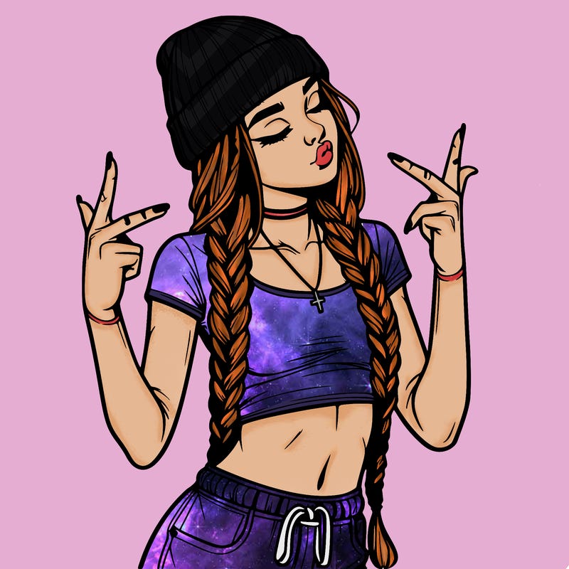 realistic teenage girl with braids and a beanie and crop top doing 🫶🏼