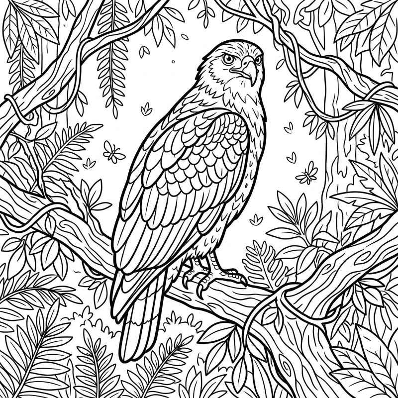 Embark on an artistic journey with this captivating Serpent Eagle coloring page. Explore the intricate details of a majestic bird of prey amidst lush jungle scenery, perfect for all nature and bird lovers.