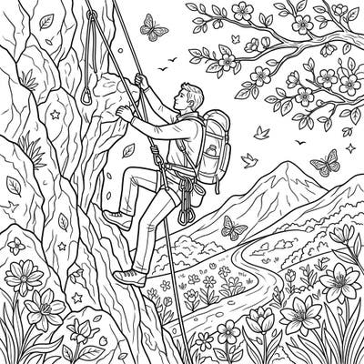 Experience the thrill of a solo climb amidst the beauty of spring with this engaging coloring page. It features a determined climber surrounded by blooming flowers and a serene mountain vista, offering a blend of adventure and natural beauty.