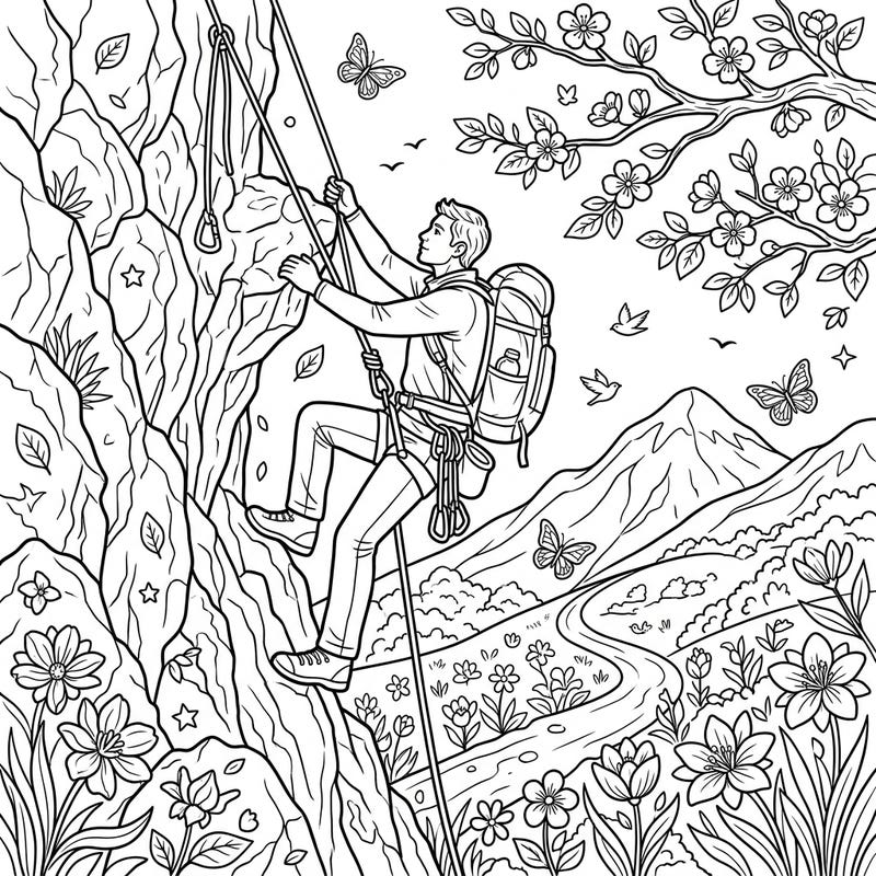 Experience the thrill of a solo climb amidst the beauty of spring with this engaging coloring page. It features a determined climber surrounded by blooming flowers and a serene mountain vista, offering a blend of adventure and natural beauty.