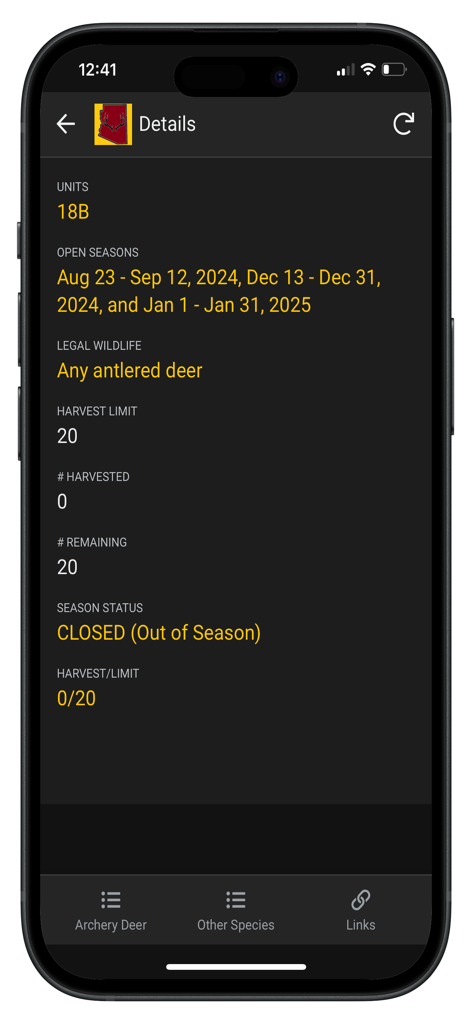 AZHuntQuota - Mobile app interface showing hunting unit season dates harvest limits and current status for Arizona hunters