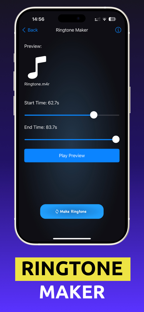 Interface of the ringtone maker tool showing audio trimming sliders and start and end time controls