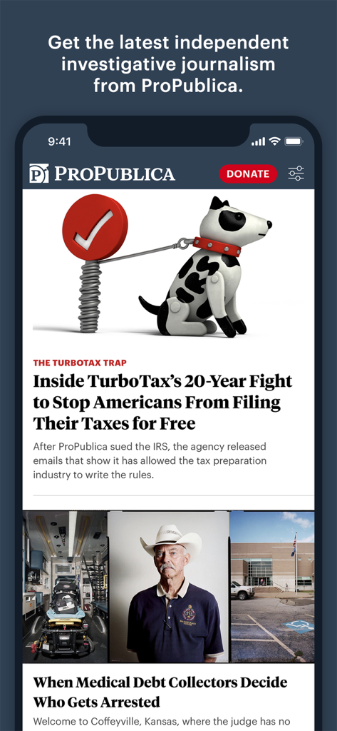 ProPublica - Pantalla de inicio de la aplicación ProPublica con artículos de periodismo de investigación.